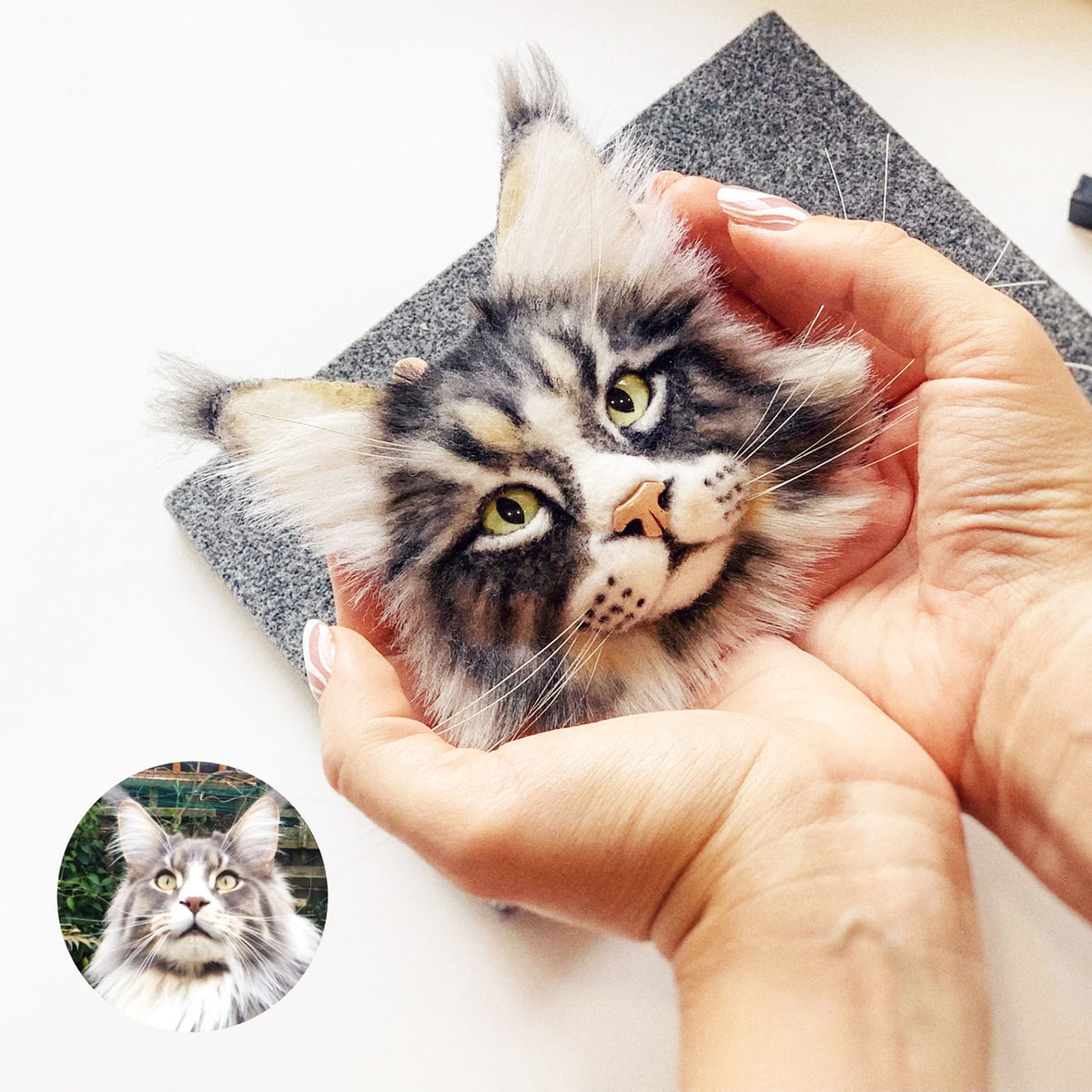 3D Felt Maine Coon Cat Brooch from Photo
